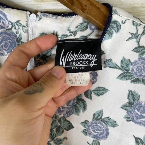 Vintage 80’s Whirlaway Cottagecore Blue Rose Print Button Waist Maxi Dress - Picture 4 of 7